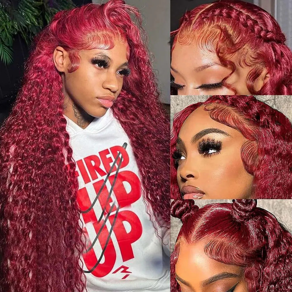 99J Burgundy 250 Density 13x4 HD Lace Front Wigs Human Hair Red Wine 30 Inch Deep Wave Brazilian Curly Glueless Lace Frontal Wig