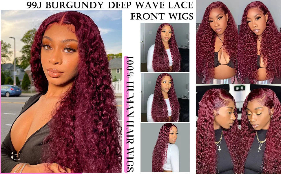99J Burgundy 250% Density 13x6 Kink Curly Human Hair Wig13x4 Deep Wave HD Lace Frontal Wig Human Hair  For Women Human Hair Wigs