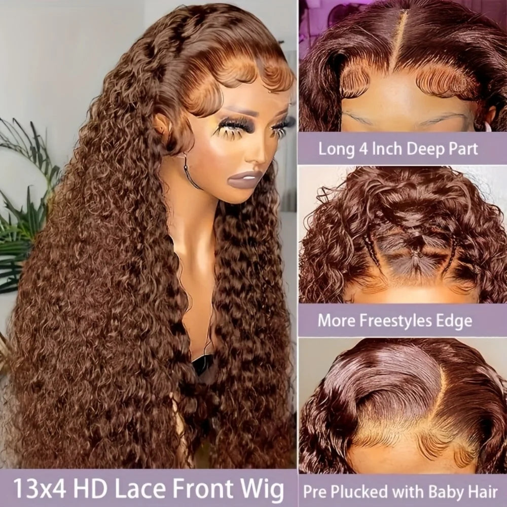 Deep Wave Chocolate Brown Lace Front Wig Wig Human Hair Water Wave 13x6 220% Density Curly Wig Human Hair Brown Wigs Pre Plucked