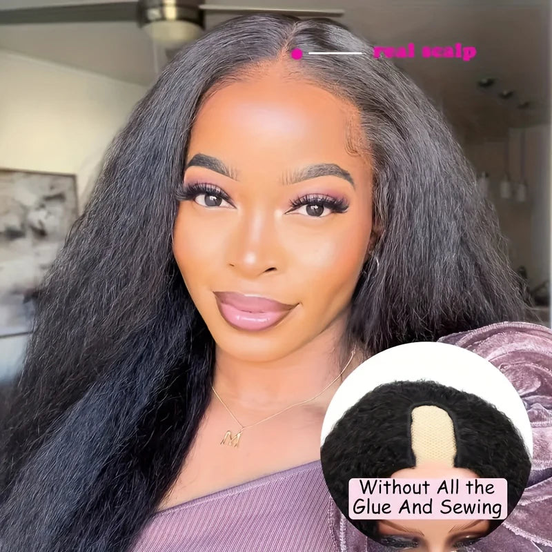 Kinky Straight V Part Wig Glueless Human Hair Wig for Women Natural Black Color No Leave Out Yaki Straight Hair Wig 250% Density