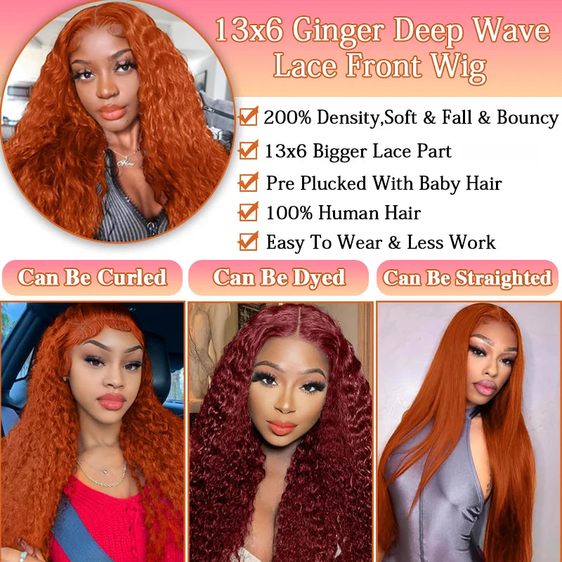 Orange Ginger Lace Front Wig Human Hair 13x6 Deep Wave Lace Front Wigs 38 Inch Water Wave Human Hair Wig Pre Plucked Curly Wigs
