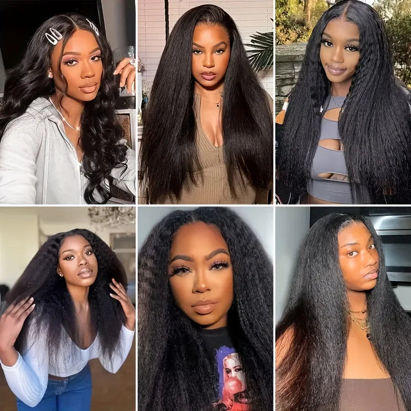 Kinky Straight V Part Wig Glueless Human Hair Wig for Women Natural Black Color No Leave Out Yaki Straight Hair Wig 250% Density