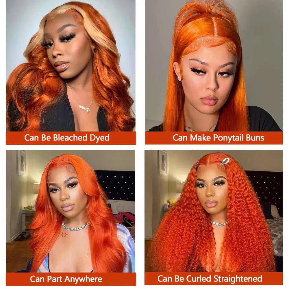 Ginger Orange 36 Inch Lace Front Wigs Human Hair Body Wave 13x6 HD Lace Front Wig Human Hair 180% Density Pre Plucked Remy Hair