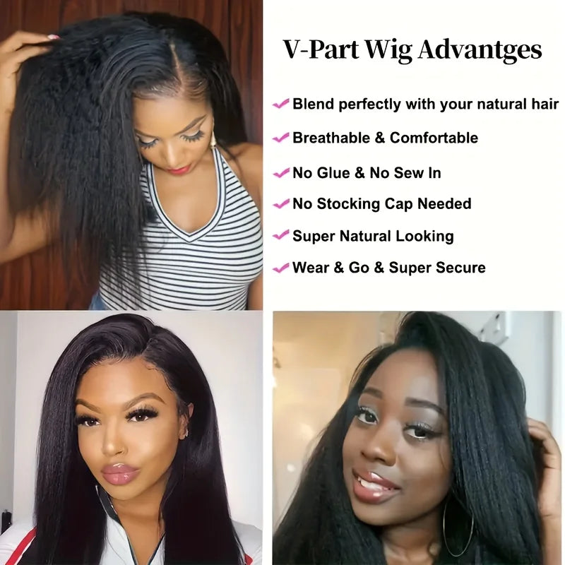 Kinky Straight V Part Wig Glueless Human Hair Wig for Women Natural Black Color No Leave Out Yaki Straight Hair Wig 250% Density