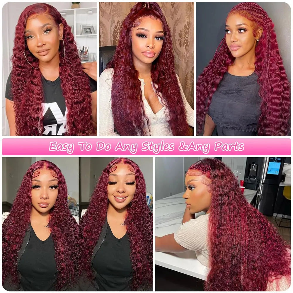 99J Burgundy 250 Density 13x4 HD Lace Front Wigs Human Hair Red Wine 30 Inch Deep Wave Brazilian Curly Glueless Lace Frontal Wig