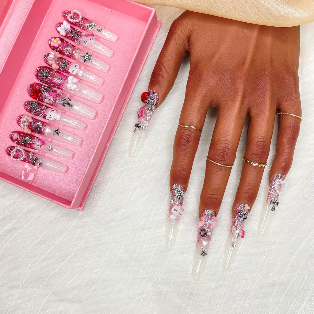 Gddsha 2025 10PCS Long Novel Design And Reusable Handmade Nails 10PCS Pmma Acrylic Nails Press OnNails Kit With Box Gifts For Women,Pink Mirage