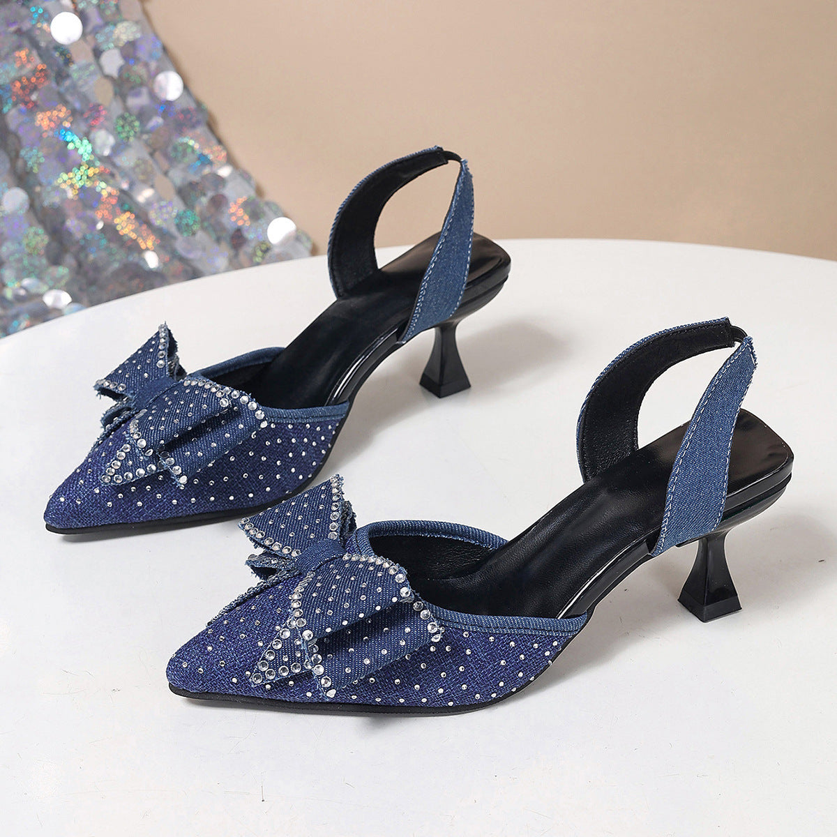 Elegant Rhinestone Pointed Toe Bow High Heels