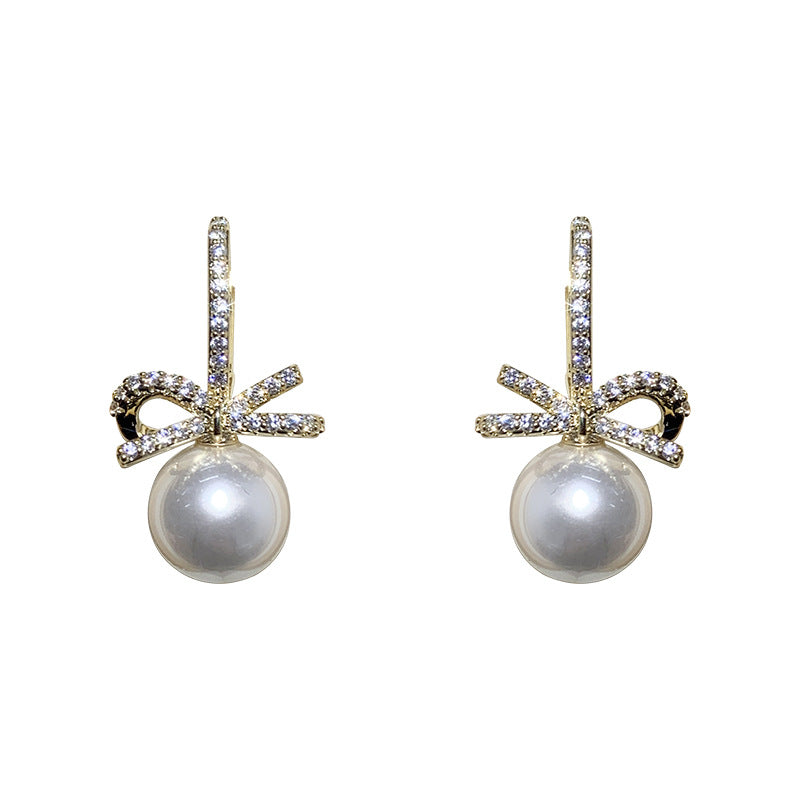 Micro-pave Zircon Bow Pearl Earrings For Women