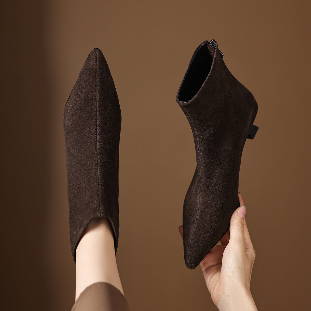 Cowhide Suede Pointed-toe Ankle Boots For Women
