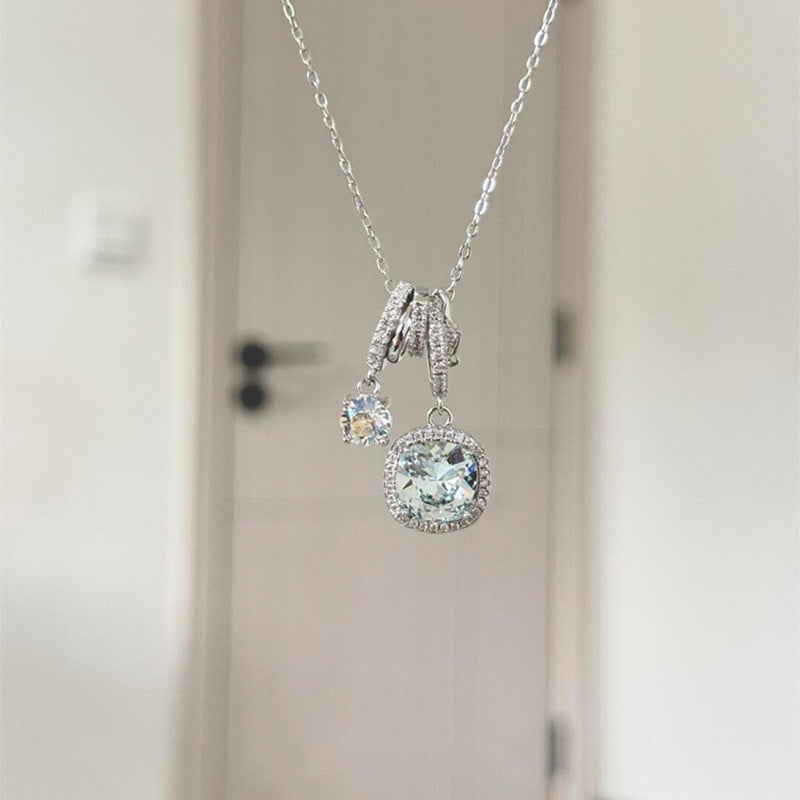 S925 Pure Silver Ice-clear Sea Blue Square Zircon Necklace
