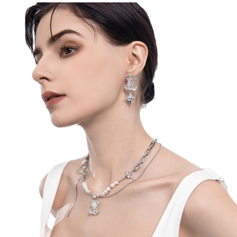 Cute Bear Star Earrings For Women, Niche Sweet And Cool