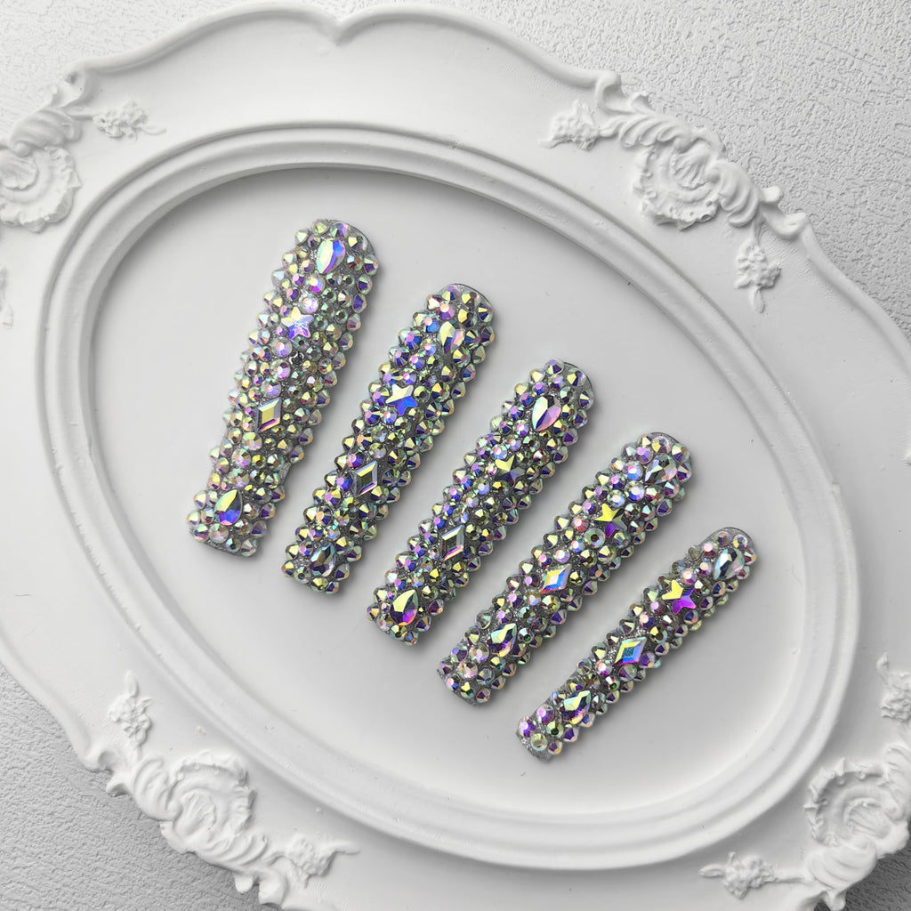 GGddsha 2025 Long Novel Design And Reusable PMMAAcrylic Press On Nails  Handmade Nails Full CoverLuxurious 3D Crystal False Nails With Box Gifts,Stellar Shine