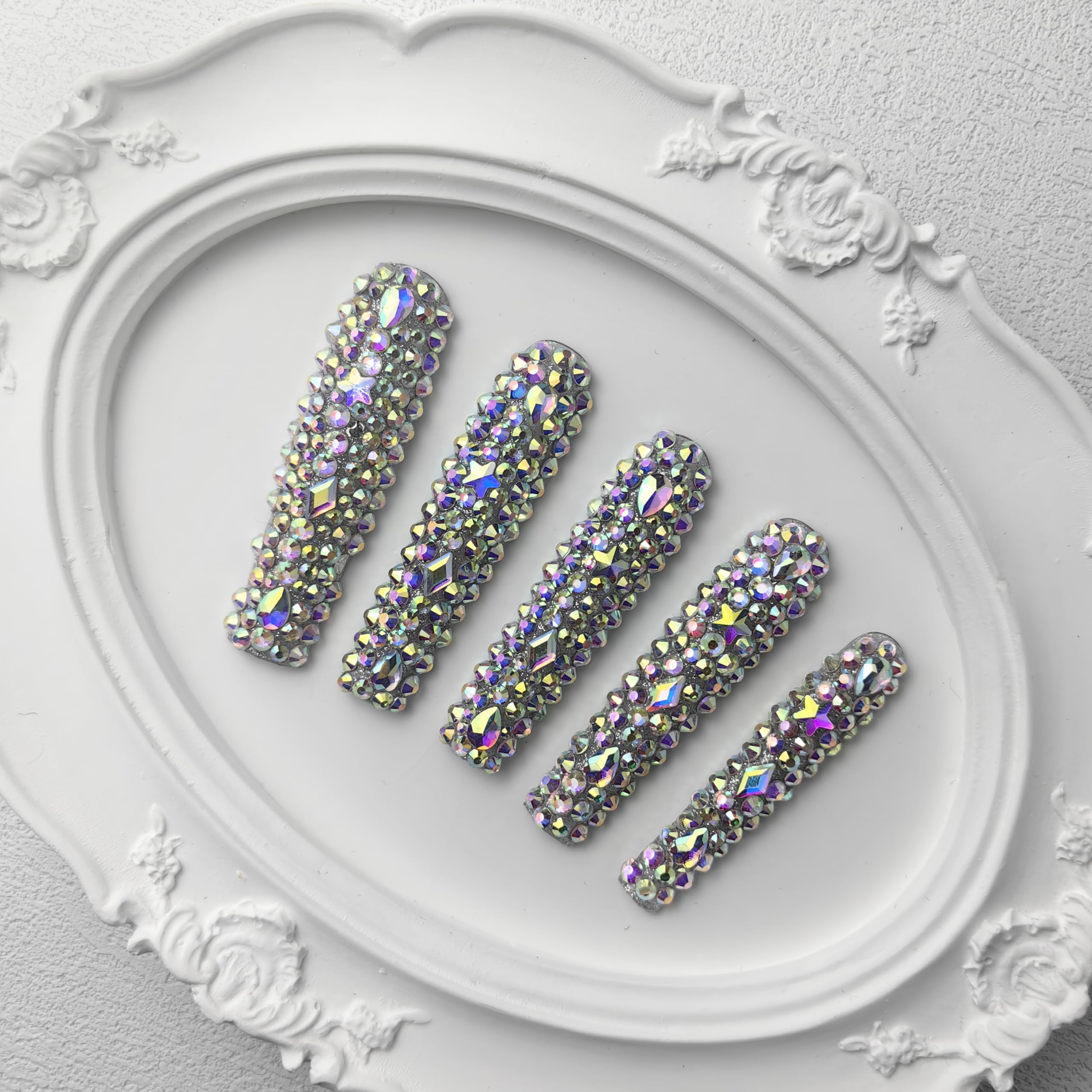 GGddsha 2025 Long Novel Design And Reusable PMMAAcrylic Press On Nails  Handmade Nails Full CoverLuxurious 3D Crystal False Nails With Box Gifts,Stellar Shine