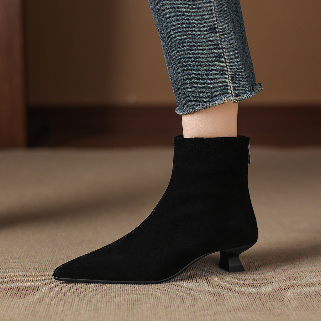 Cowhide Suede Pointed-toe Ankle Boots For Women