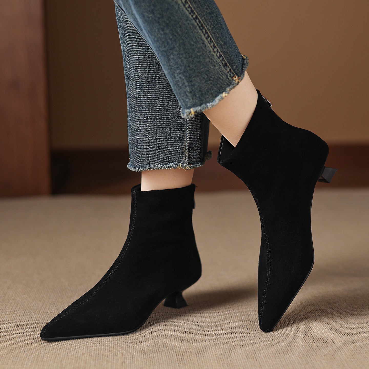 Cowhide Suede Pointed-toe Ankle Boots For Women